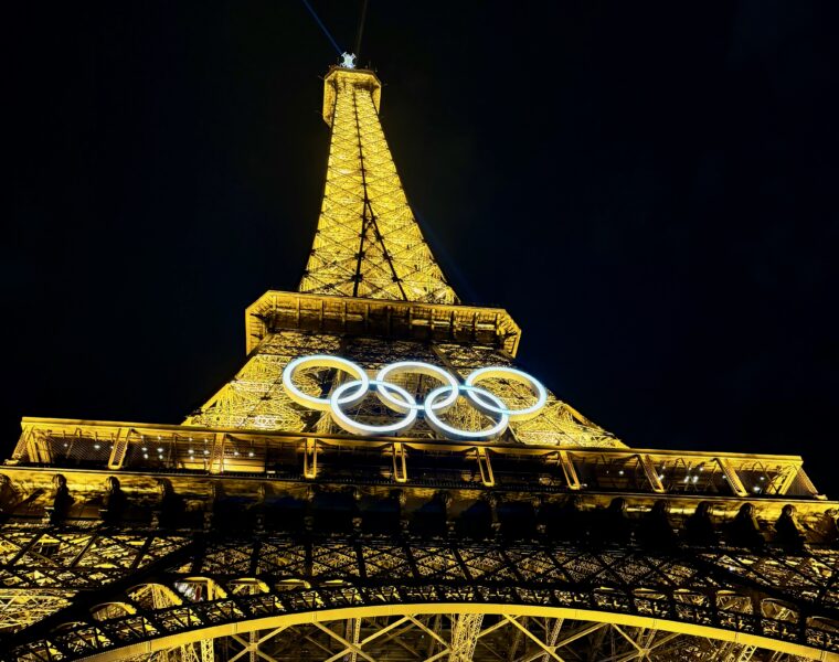 Effiel Tower at night with Olympic rings, 2024 Summer Olympics in Paris